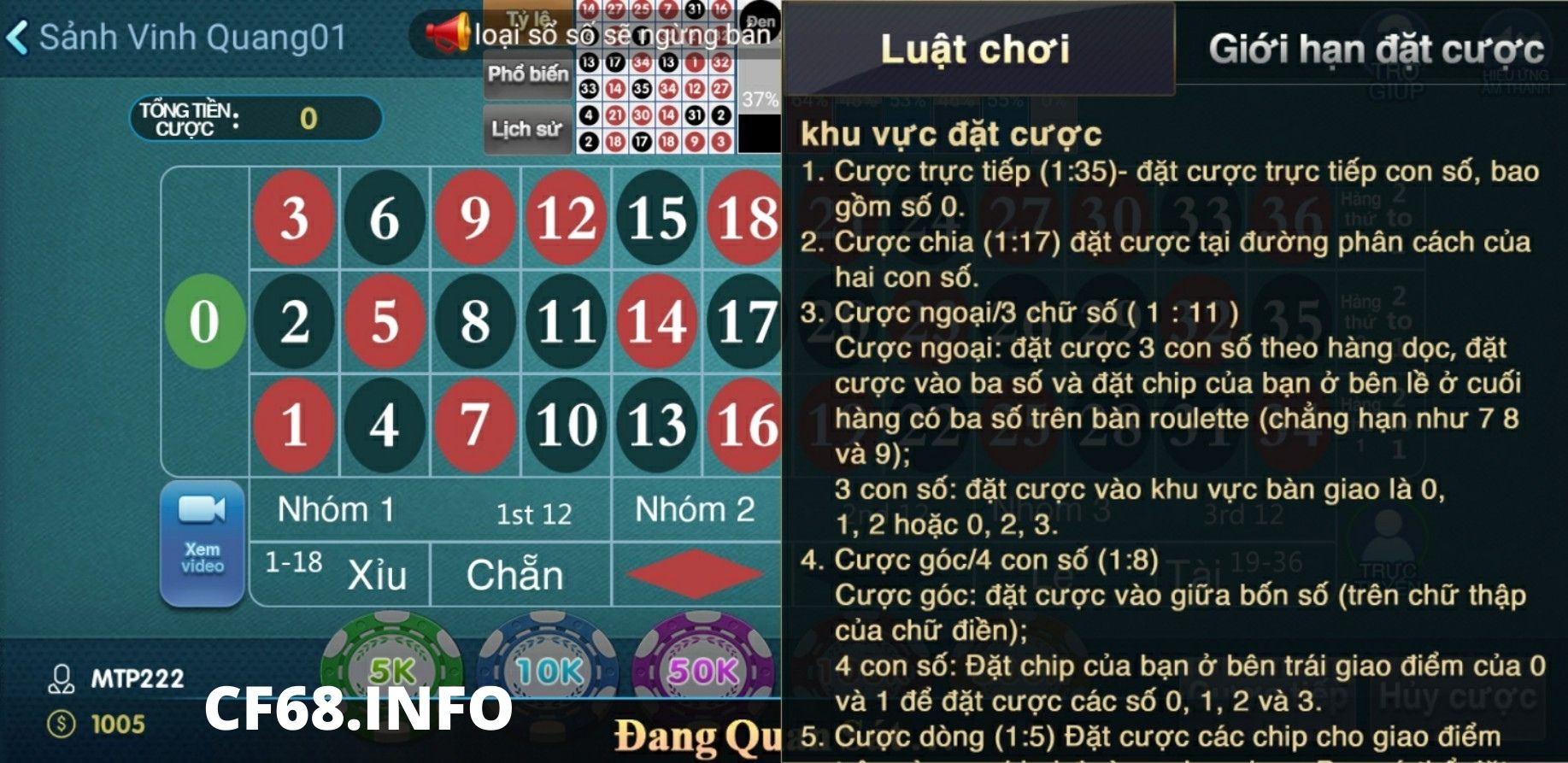 game roulette CF68, roulette CF68, luật chơi game roulette CF68