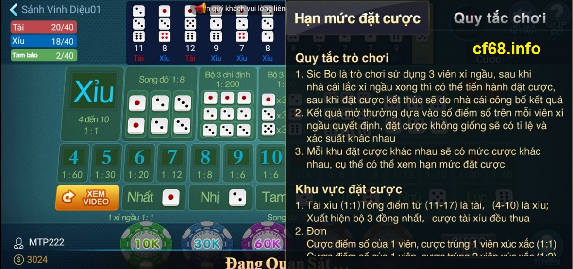 luật chơi sicbo online, casino live cf68, game sicbo